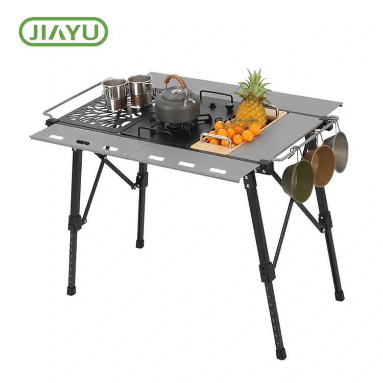 Mesa de camping elevada y bajada con estufa